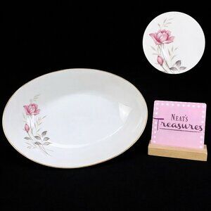 Camelot AMERICAN ROSE 1655 Pink Floral Gray Leaves Oval 12.5" Serving Bowl